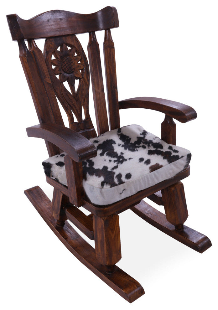 Wooden Rocking Chair Handcarved Back Removable Hair-On Cowhide Pillow