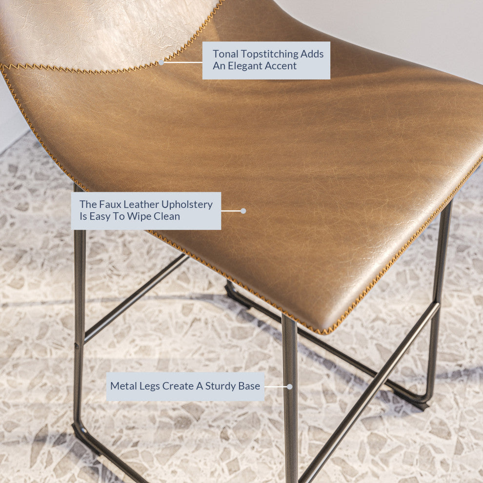 Modern Upholstered Faux Leather Barstools, Whiskey Brown