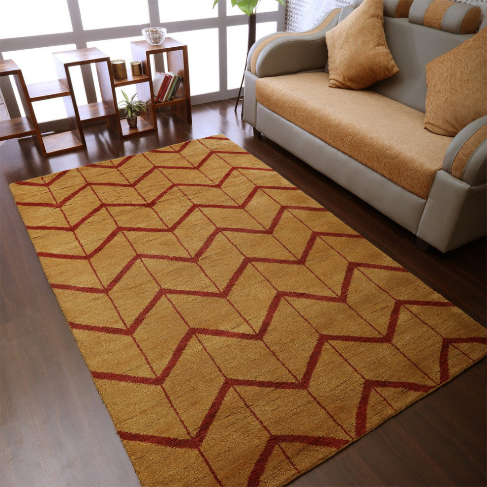 Hand Knotted Wool Area Rug Geometric Gold Red