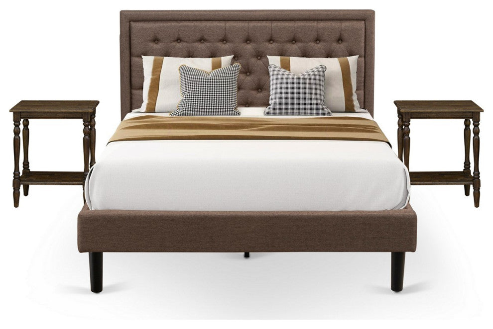 3Pc Queen Bed Set, 1 Queen Platform Bed Frame Brown Padded, 2 Small Nightstand