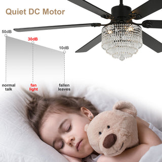 65 inch Crystal Ceiling Fan with Light  and Remote,6-Speed Reversible, Black