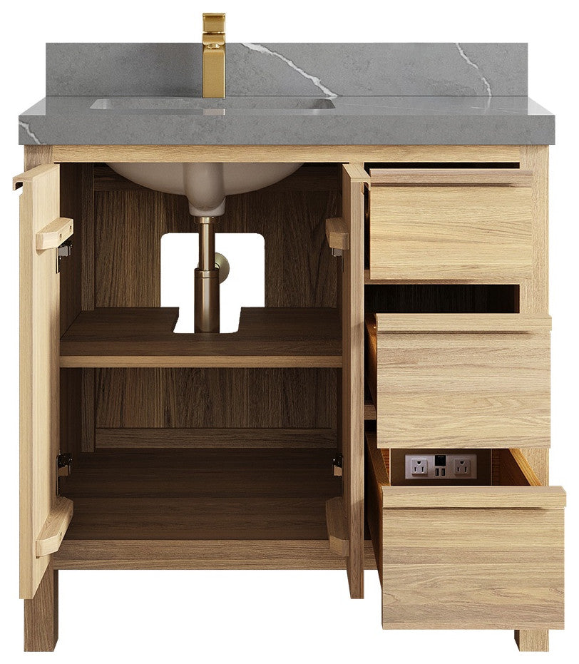 Elizabeth Oak 36" Left Offset Sink Vanity, White 2" Piatra Gray