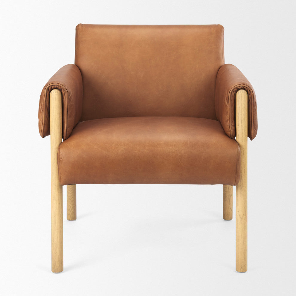 Ashton Medium Brown Genuine Leather w/ Natural Solid Wood Accent Chair