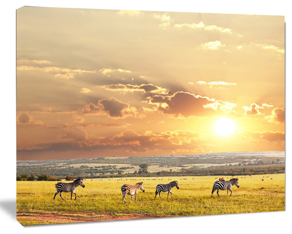 Zebras Wandering in African Prairie, Oversized Landscape Canvas Art, 40"x30"