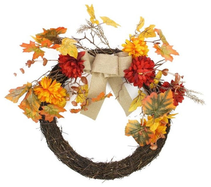 20" Autumn Harvest Mixed Fall Leaf and Flower Thanksgiving Twig Wreath