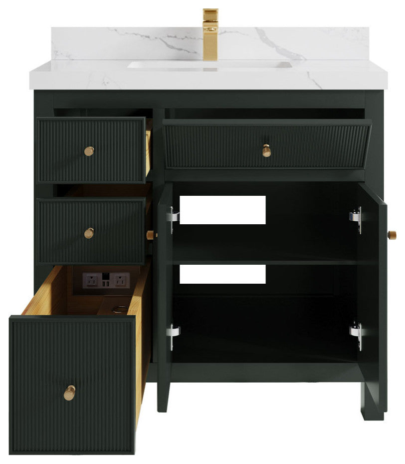 Sonoma 36 Center Sink Reeded Bath Vanity in Dark Forest Green 2" Calacatta Laza