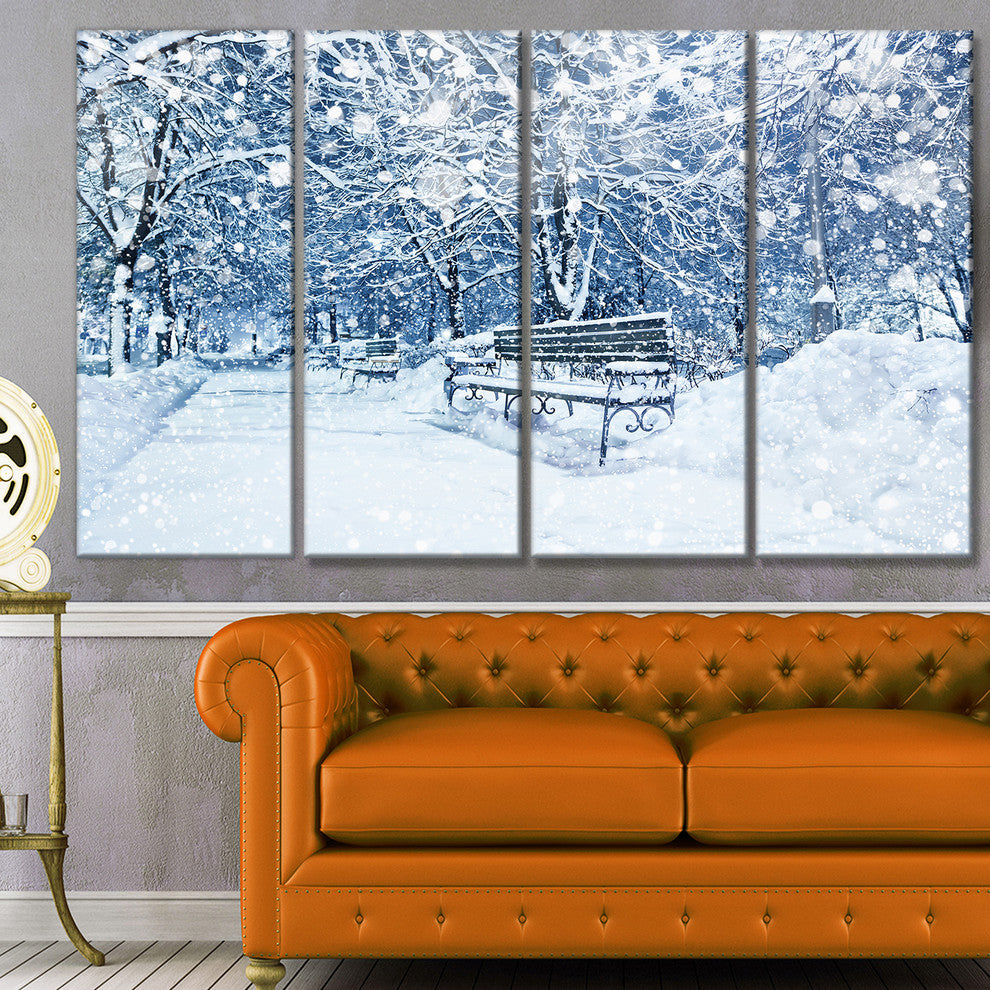 City Covered with Snow, Landscape Canvas Art Print, 48"x28", 4 Panels
