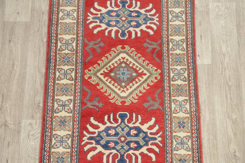 Traditional Wool Kazak Oriental Hand Made Pakistani Runner Rug, Red, 9'4"X2'8"
