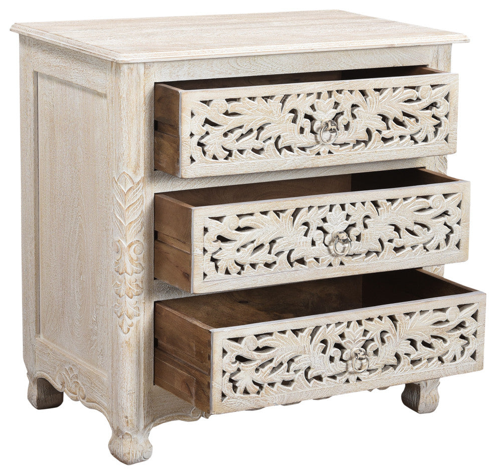 Delaney 3 Drawer Carved Nightstand, Distressed Off-White