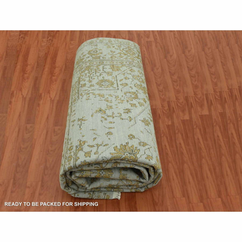 Gray Hand Knotted Broken Persian Erased Heriz Design Wool and Silk Rug, 10'x14'