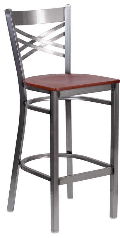 Clear Coated "X" Back Metal Restaurant Barstool, Cherry Wood Seat