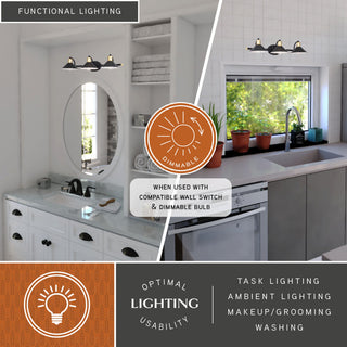 Akron 3 Light Vanity Matte Black and Natural Brass with Matte White