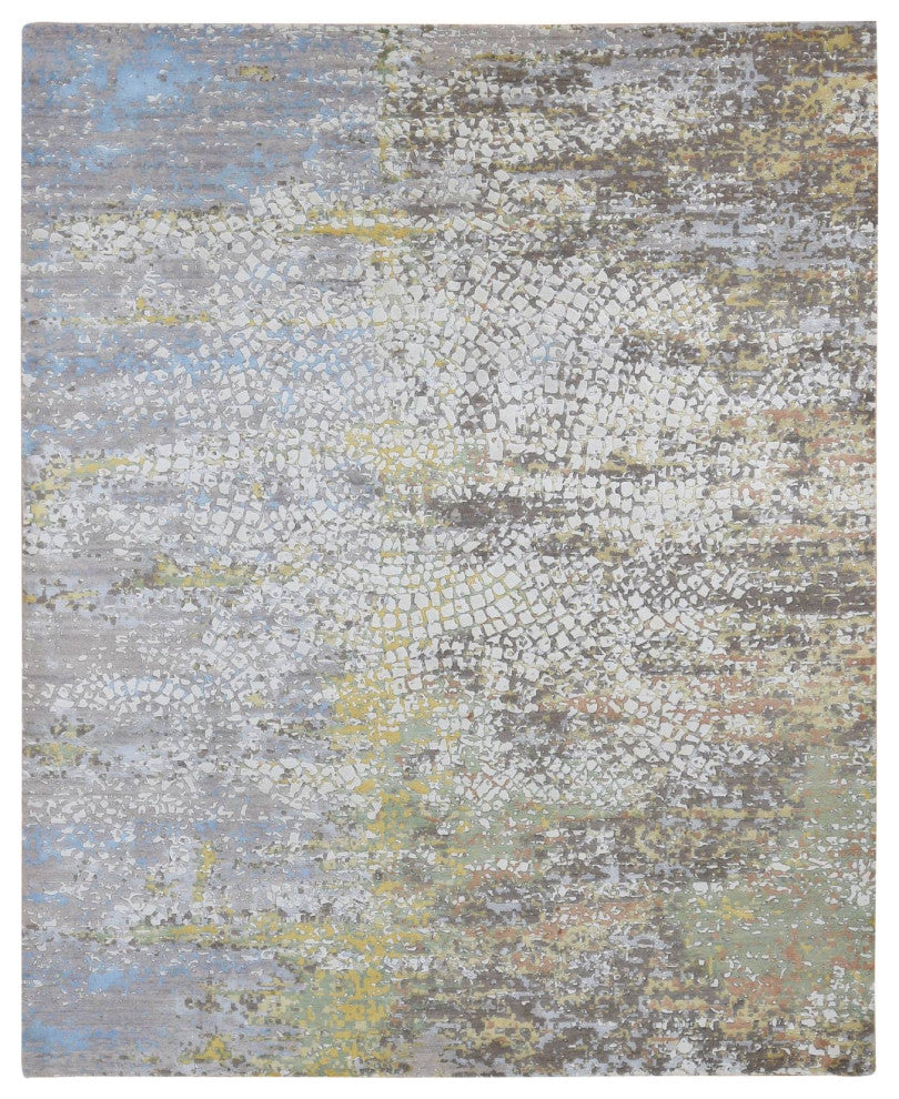 Rice White Wool and Silk Erased Roman Mosaic Design Hand Knotted Rug 8'1"x10'1"