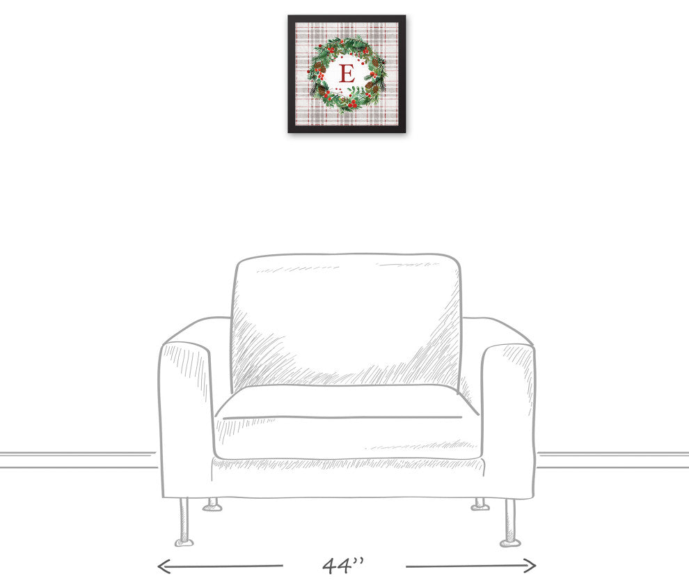 Holiday Gray Plaid Monogram Wreath E 12x12 Black Framed Canvas