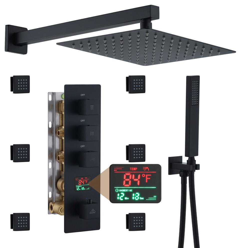 3 Function Digital Display Single Handle Shower System set with Body Spray, Matte Black