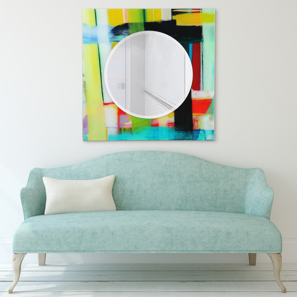 "Shine" Square Beveled Wall Mirror on Floating Printed Tempered Art Glass