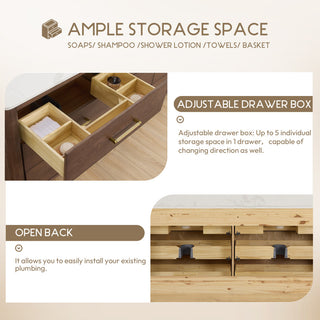 Porto Bath Vanity with White Quartz Stone Top, Dark Brown Oak, 72 in., No Mirror