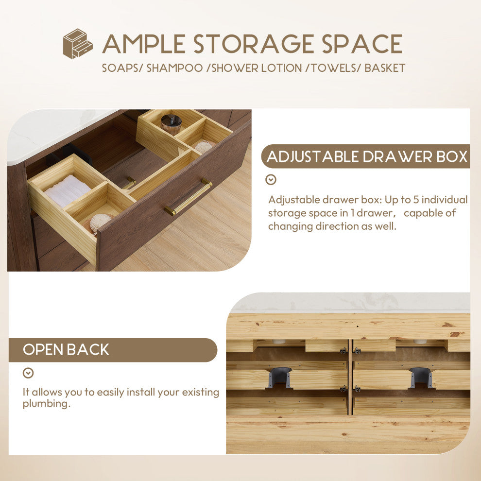 Porto Bath Vanity with White Quartz Stone Top, Dark Brown Oak, 72 in., No Mirror