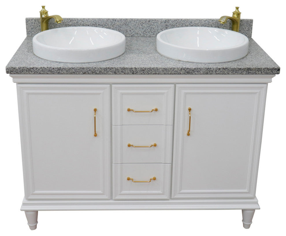 49" Double Vanity, White Finish With Gray Granite And Round Sink