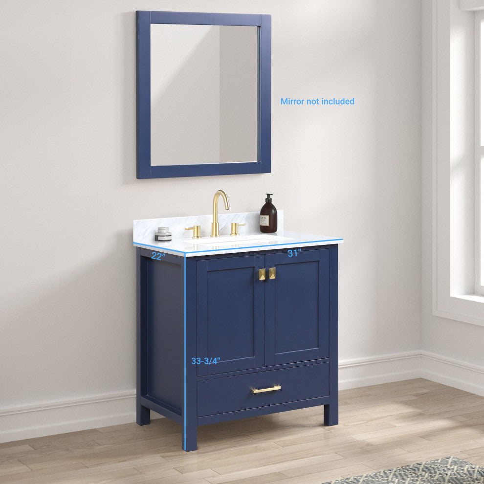 Freestanding Bathroom Vanity With Marble Countertop and Undermount Sink, Blue, 30'' With Sink
