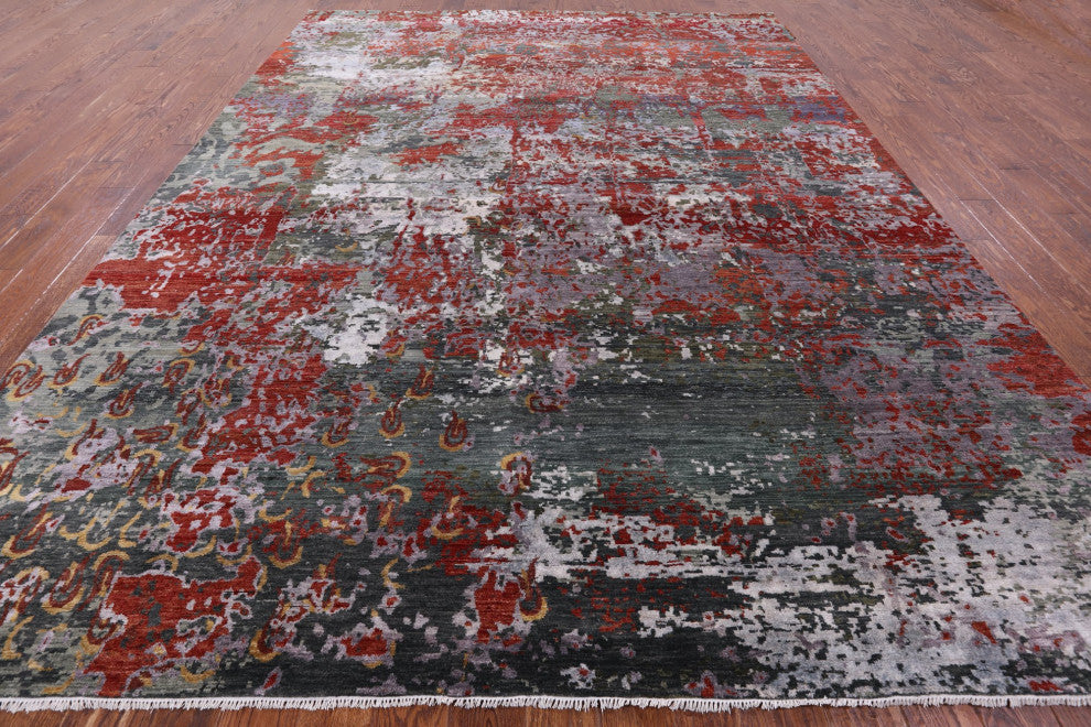 9' 0" X 11' 11"Abstract Wool and Silk Contemporary Hand Knotted Rug Q6331
