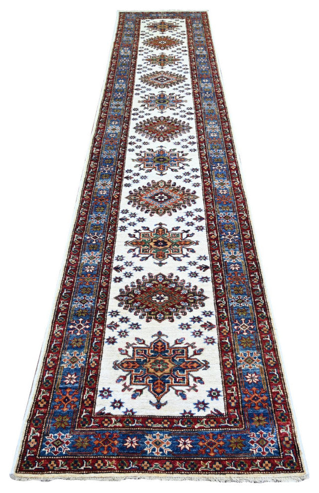 Ivory Hand Knotted Afghan Super Kazak Vibrant Wool Runner Rug 2'7"x12'10"