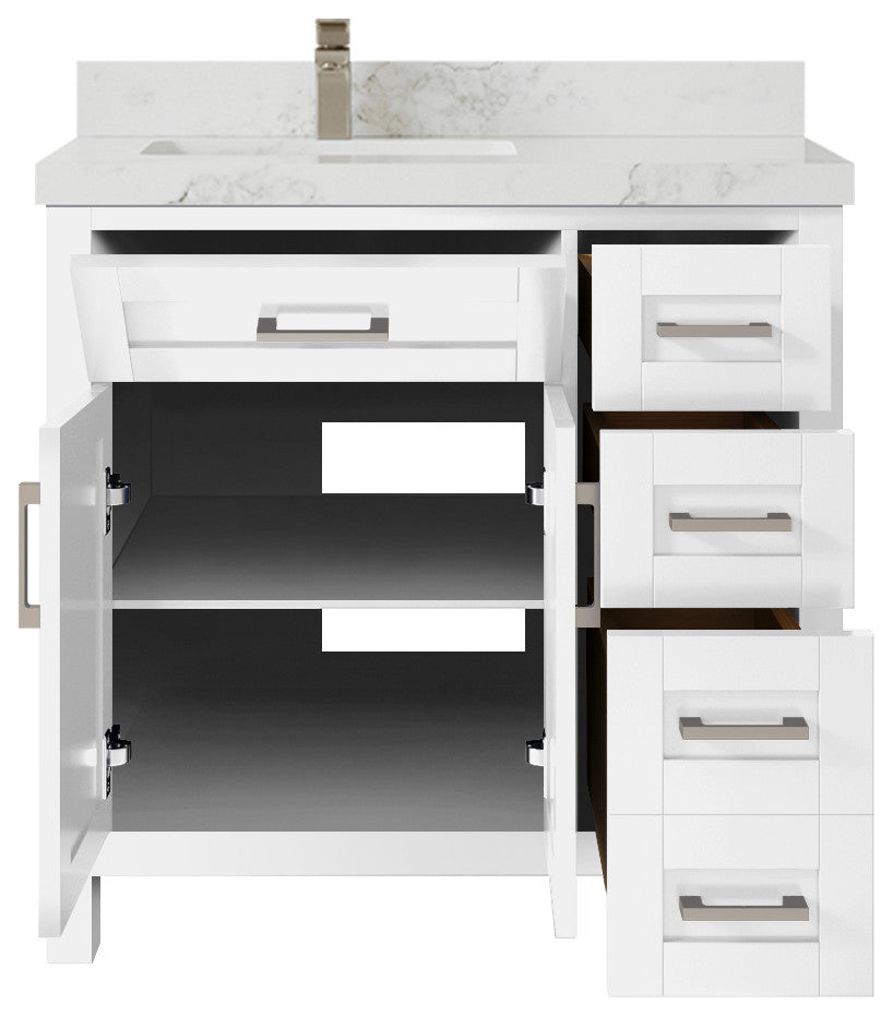Cambridge 36 Left Offset Bath Vanity in White 2" Calacatta Nuvo