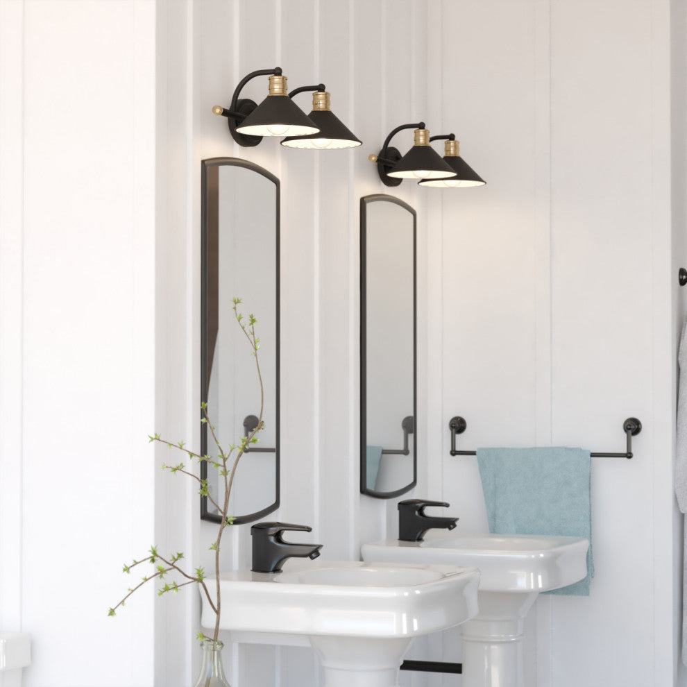 Akron 2-Light Vanity, Matte Black and Natural Brass with Matte White