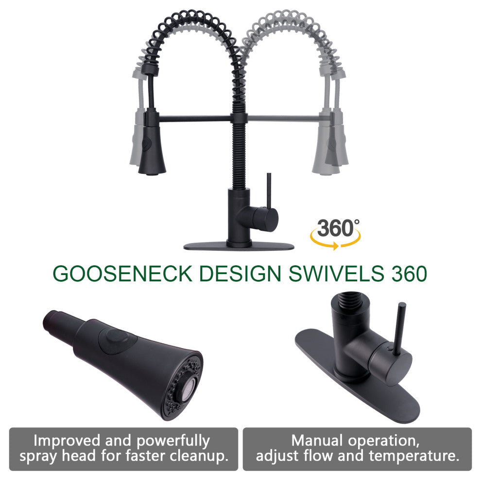 Brushed Nickel Pre-Rinse Spring Kitchen Faucet with Pull Down Sprayer, Matte Black