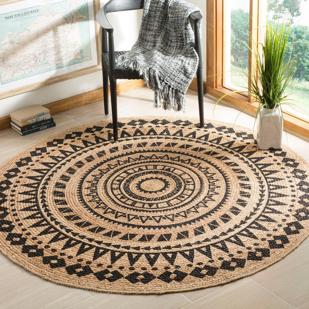 Safavieh Natural Fiber Nf802K  Rug, Black/Natural, 7'0"x7'0" Round
