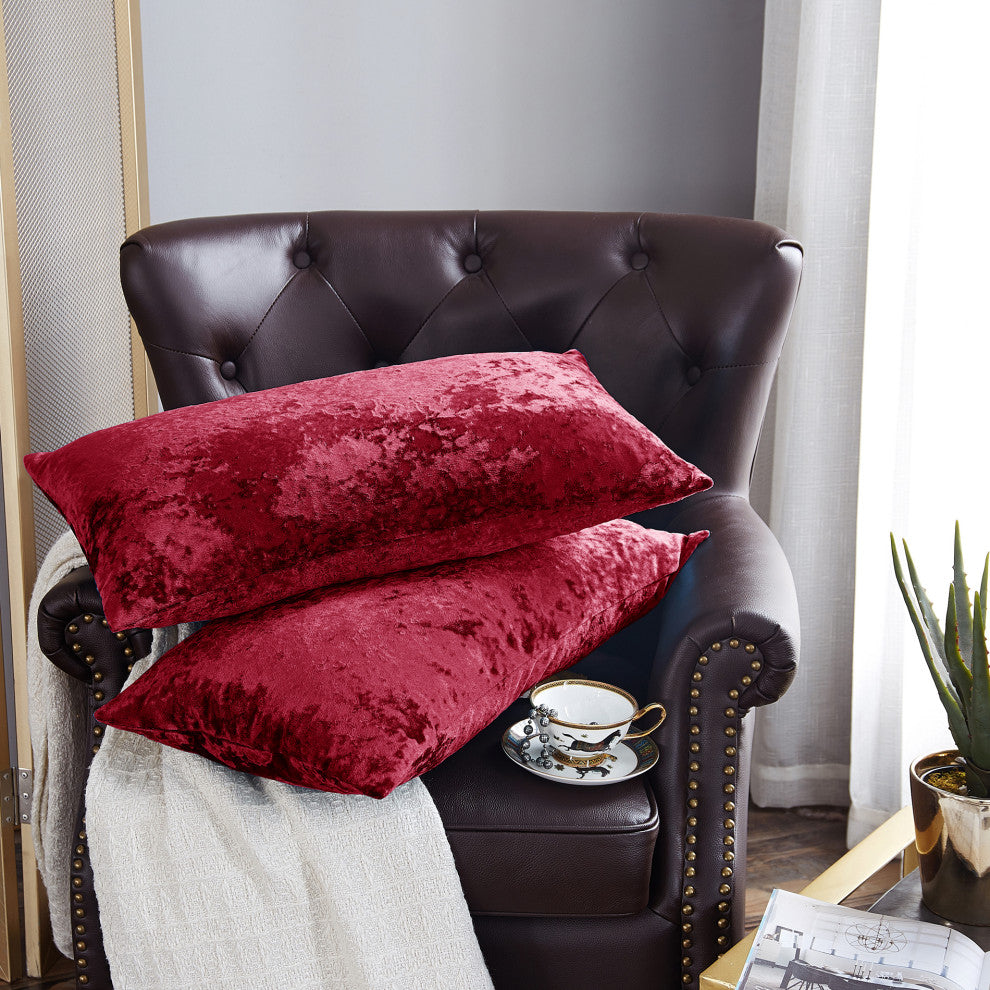 Crushed Velvet Pillow Cover 2 Piece Set, Garnet, 14" X 26"