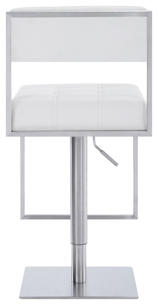 35" Metal and Leatherette Barstool, Silver and White