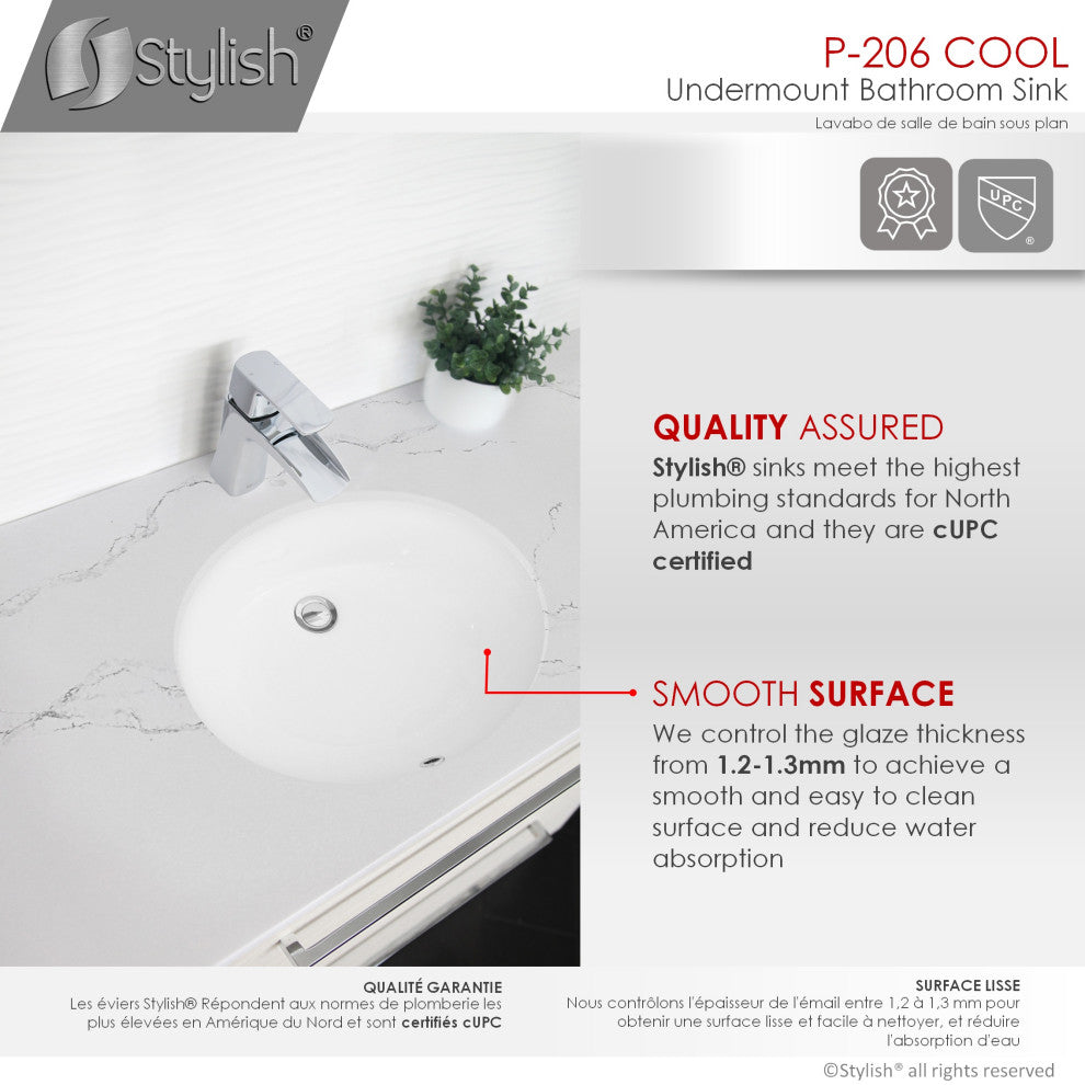 STYLISH 19" Oval Undermount Ceramic Bathroom Sink With 2 Overflow Finishes