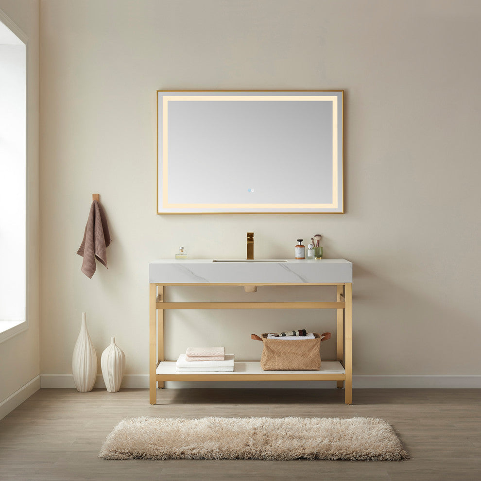 Funes Bath Vanity without Mirror, Brushed Gold Hardware, 48'', White Stone Top