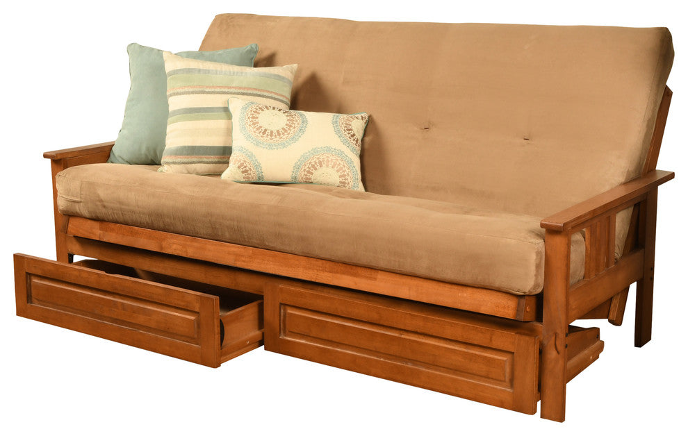 Caleb Frame Futon With Barbados Finish, Storage Drawers, Suede Peat