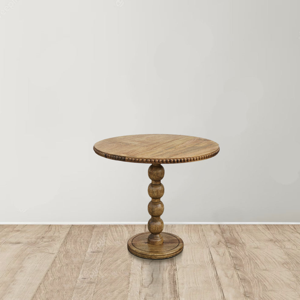 21" Side End Table Round Top Stacked Ball Post Natural Brown Mango Wood