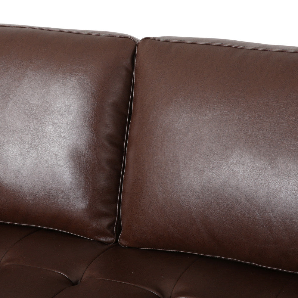 Hixon Faux Leather Tufted 3 Piece Sofa and Club Chair Set, Dark Brown + Espresso