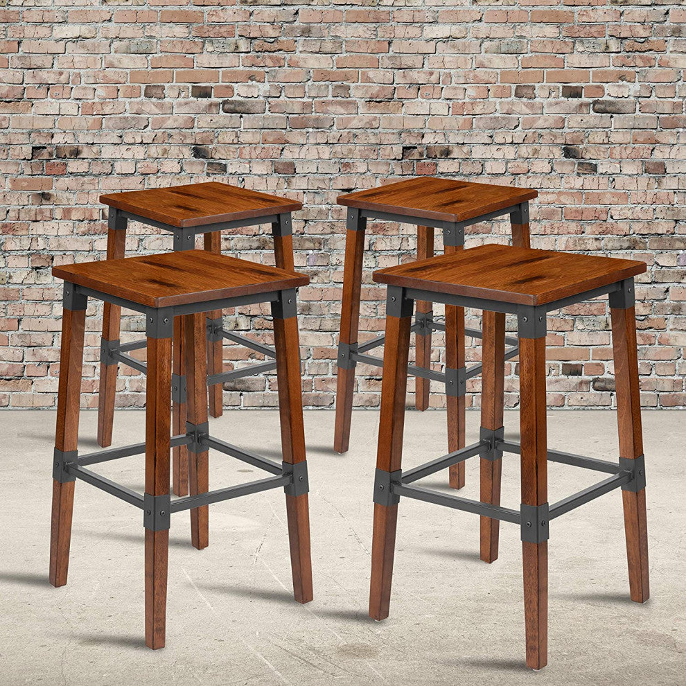 Set of 4 Industrial Bar Stool, Backless Design With Wooden Seat, Antique Walnut