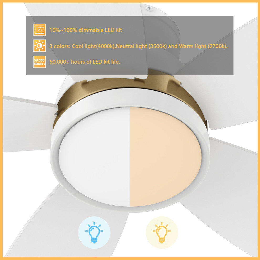 CARRO 48" Low Profile Ceiling Fan With Lights and Remote for Bedroom, Gold/White