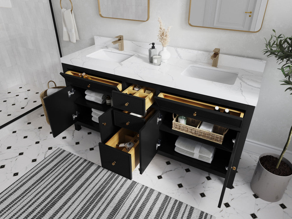Sonoma 72 Double Sink Reeded Bath Vanity in Black 2" Piatra Gray
