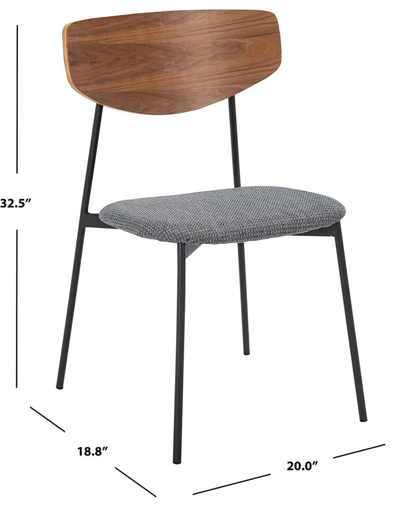 Set of 2 Dining Chair, Grey Cushioned Seat and Walnut Brown Curved Backrest