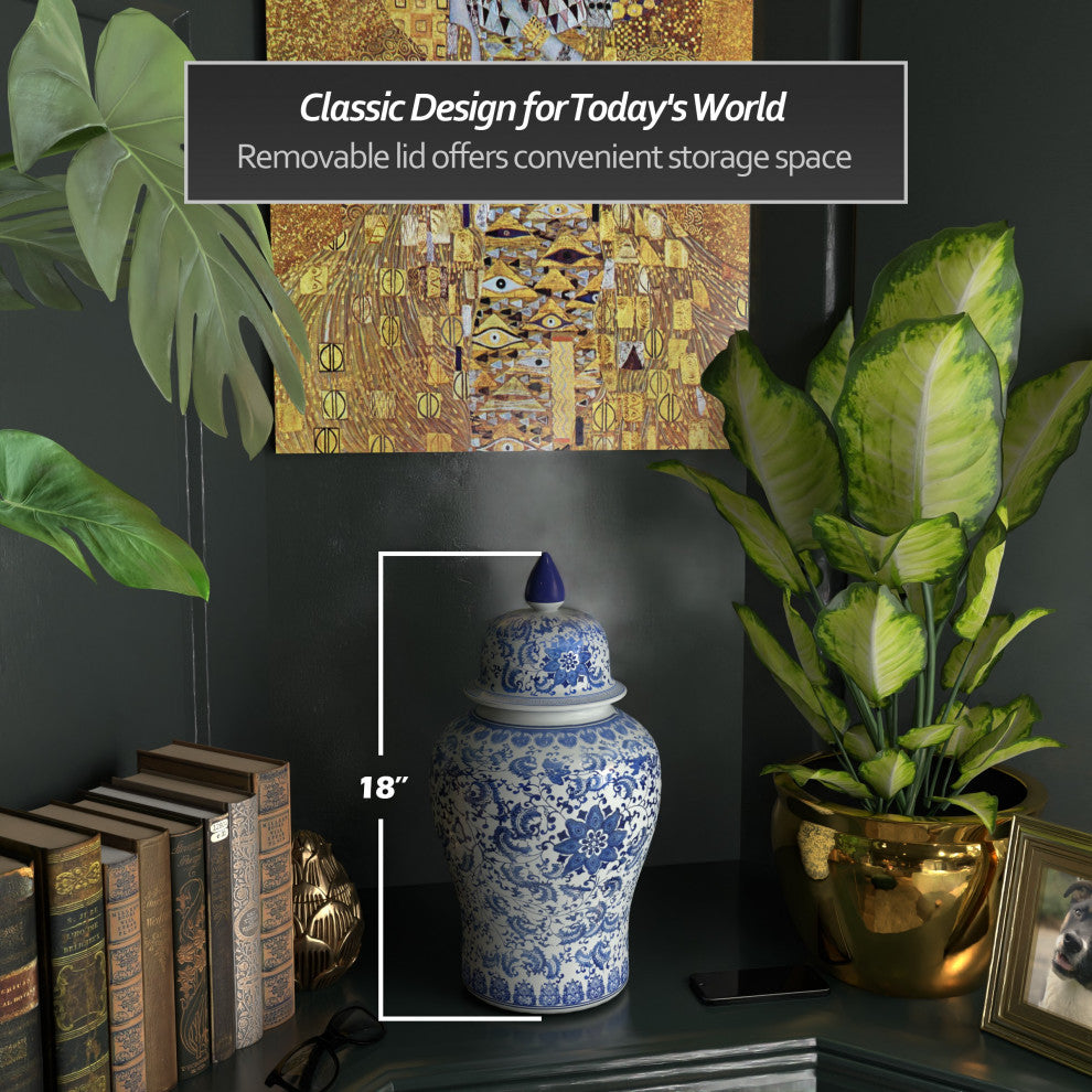 18" Floral Blue and White Porcelain Temple Jar