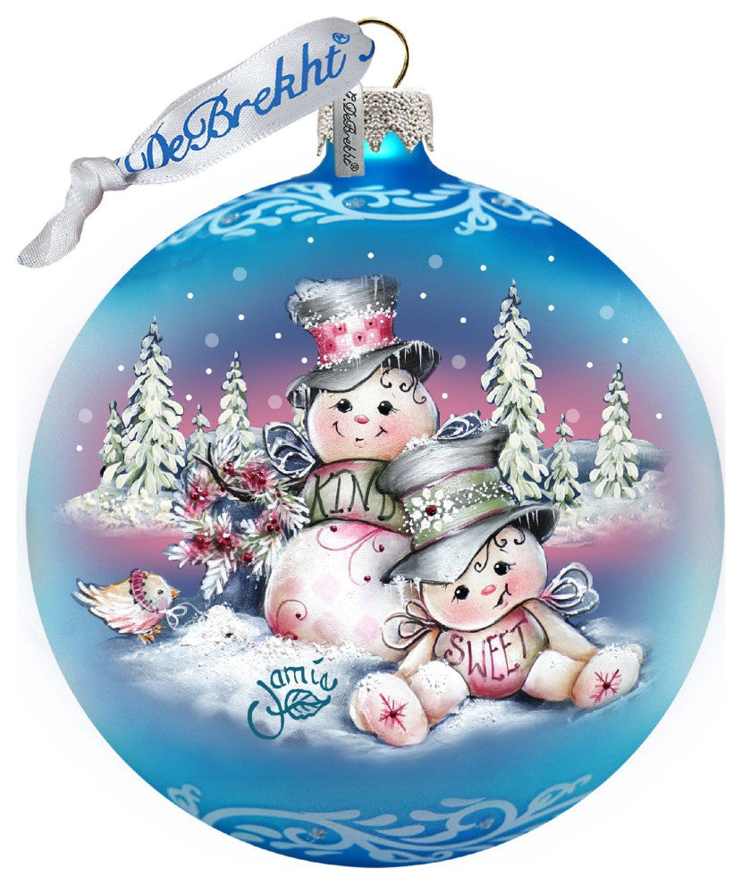 Kind Sweet Snowman Family Glass Ornament