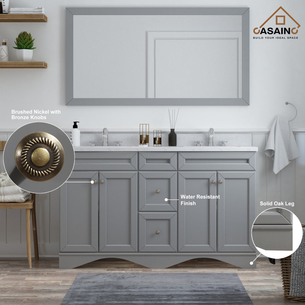 CASAINC 60" Marble Top Double Sink Bathroom Vanity with Mirror, Gray