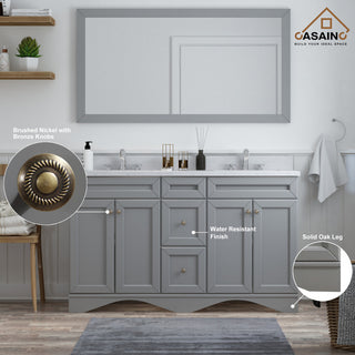 CASAINC 60" Marble Top Double Sink Bathroom Vanity with Mirror, Gray