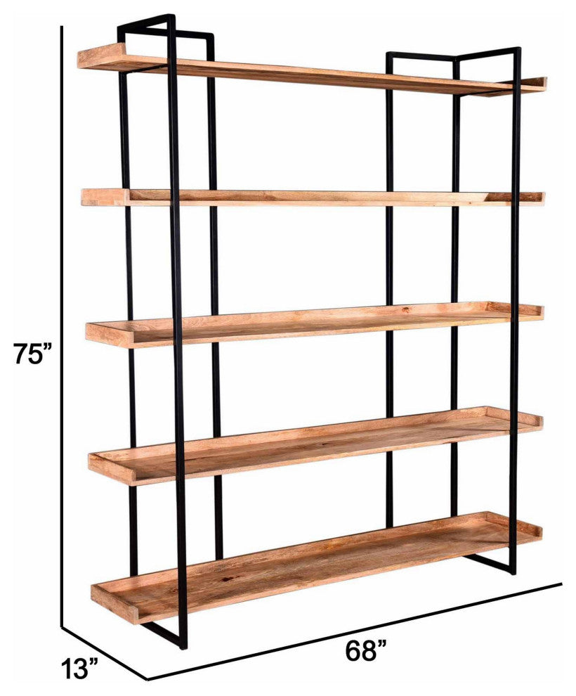 Benzara BM286429 Wide Bookshelf, Reclaimed Mango Wood Shelves, Black Metal Frame
