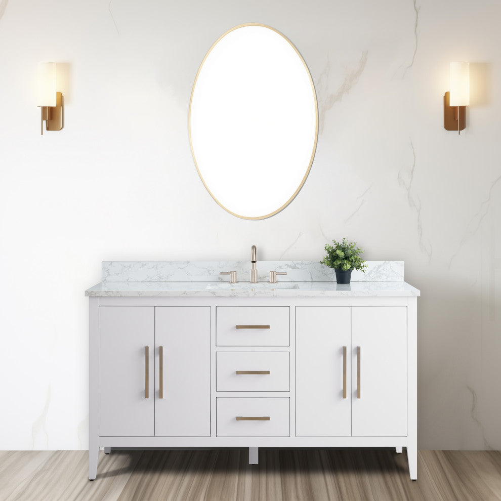 Vanity Art Bathroom Vanity With Sink, White, 60", Single Sink, Brushed Nickel