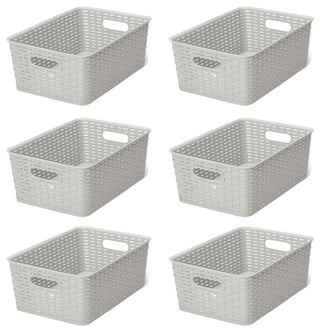 Plastic Rattan Storage Box Basket Organizer, Gray, Medium-Pack of 6