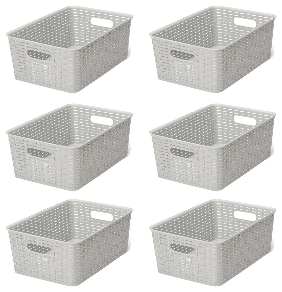 Plastic Rattan Storage Box Basket Organizer, Gray, Medium-Pack of 6