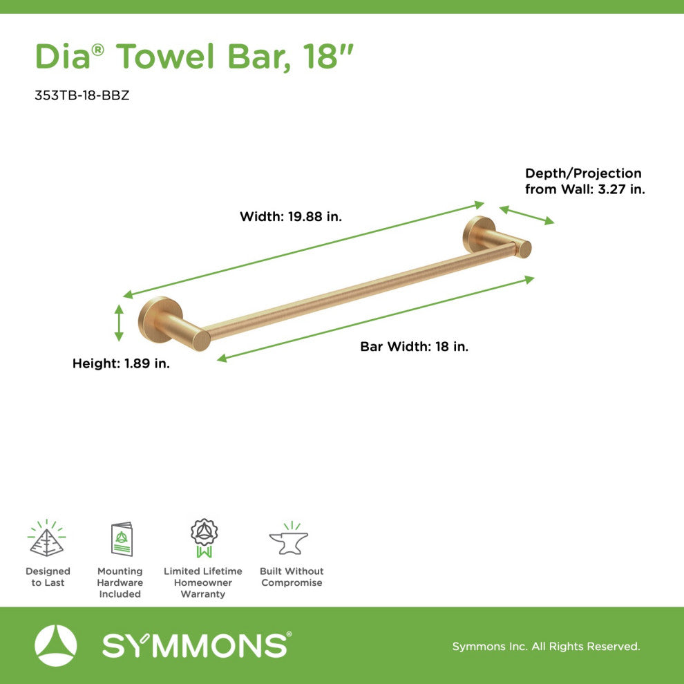 Dia 18 Inch Towel Bar with Mounting Hardware, Brushed Bronze